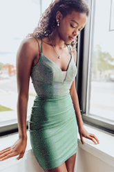 Bodycon Lace-Up Deep V Neck Beaded Satin Homecoming Dress